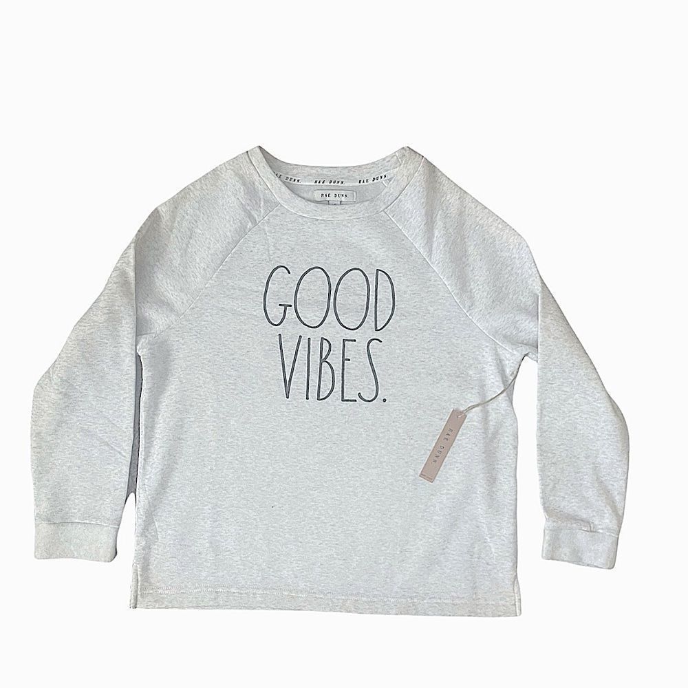 NWT Rae Dunn. Women’s Large “Good Vibes” Heather Grey Crewneck Sweater